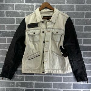 Harley Davidson Women's Jacket Cream Denim Leather Arms Riding Wings xLarge